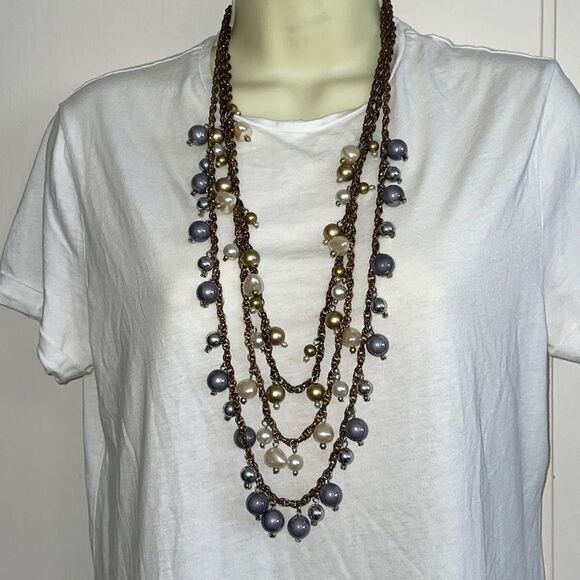 Three strand long necklace with large cream, silver & gold pearlized beads - Picture 1 of 4